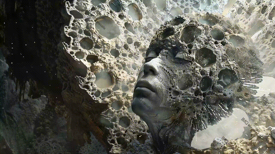 Surreal human face emerging from cosmic voids video animation, ai generated