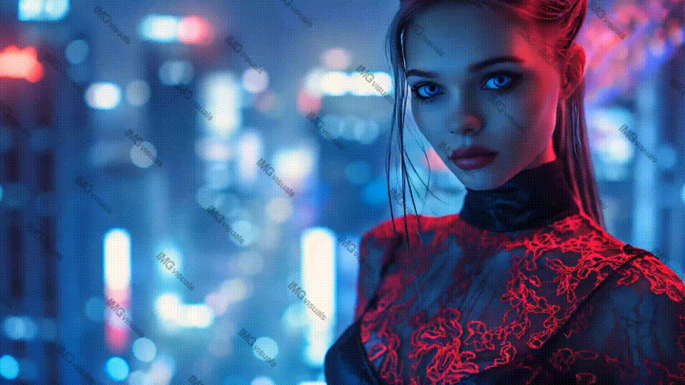 Young woman in red lace dress against neon cityscape video animation, ai generated