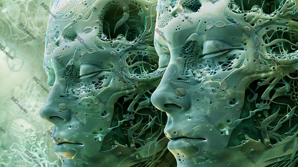 Surreal two faces interlaced with green organic textures video animation, ai generated