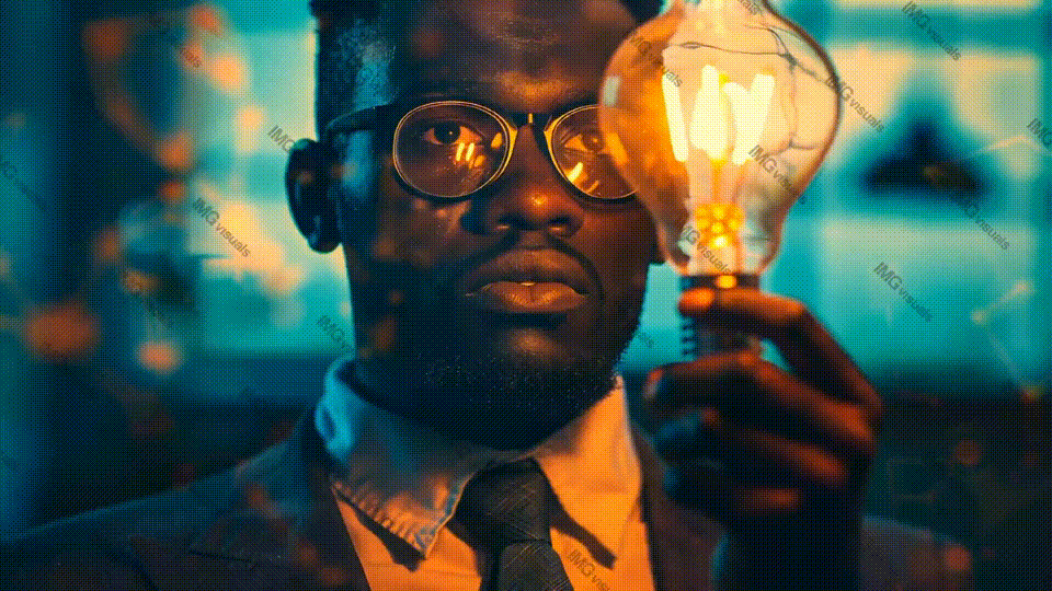 Black man wearing glasses and suit, holding lightbulb video animation, ai generated