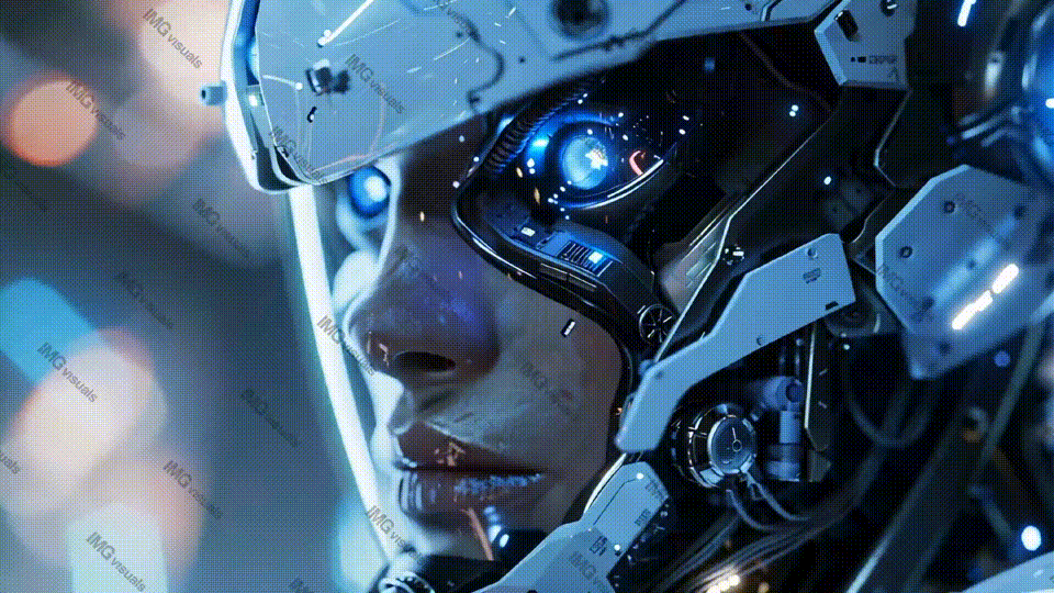 Female humanoid robot with blue eyes video animation, ai generated