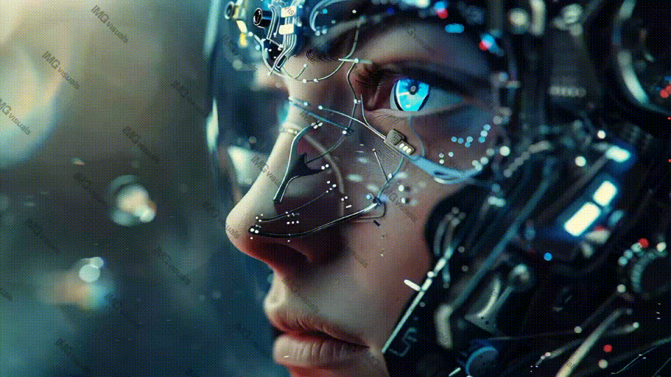 Humanoid robot face with intricate wiring video animation, ai generated