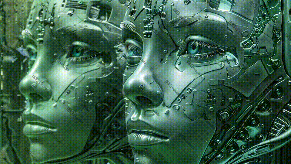 Vivid green robotic faces with complex internal mechanisms video animation, ai generated