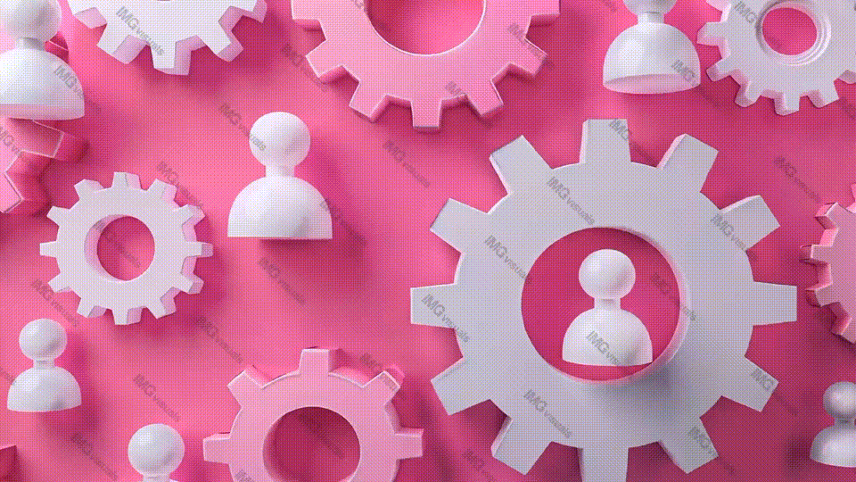 Pink and white gears interlinked with human figures video animation, ai generated