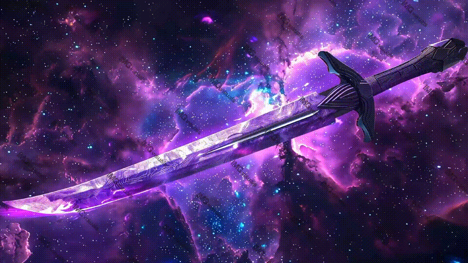 Mystical sword floats in vibrant cosmic space video animation, ai generated