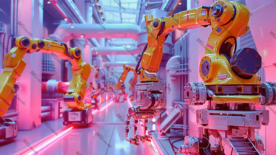 Futuristic robotic assembly line with robotic arms video animation, ai generated