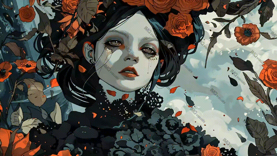Gothic beauty among red roses video animation, ai generated