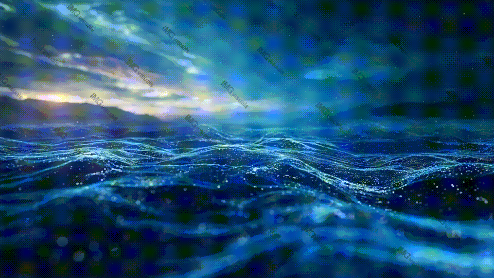 Digital ocean waves at evening sunset 3d rendering video animation, ai generated