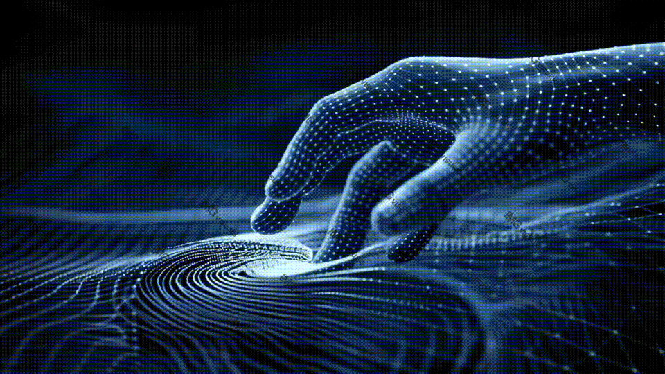 Hand interacts with digital mesh landscape video animation, ai generated