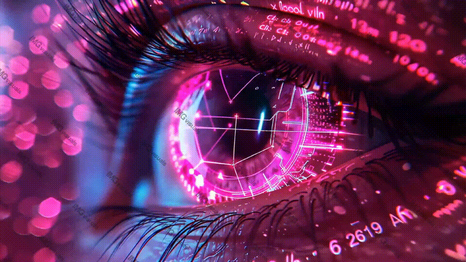 Futuristic human eye enhanced with intricate pink cybernetic video animation, ai generated