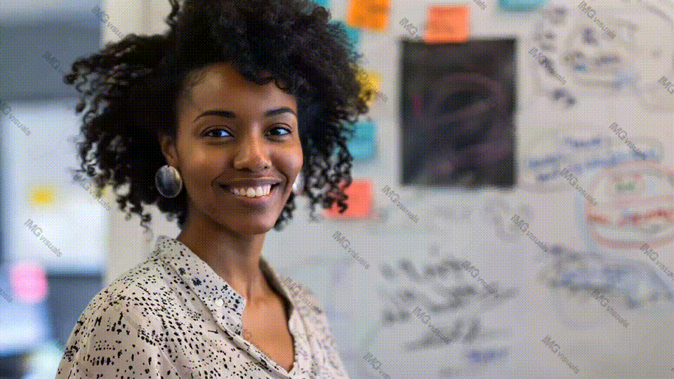 Confident african american woman smiles against whiteboard video animation, ai generated