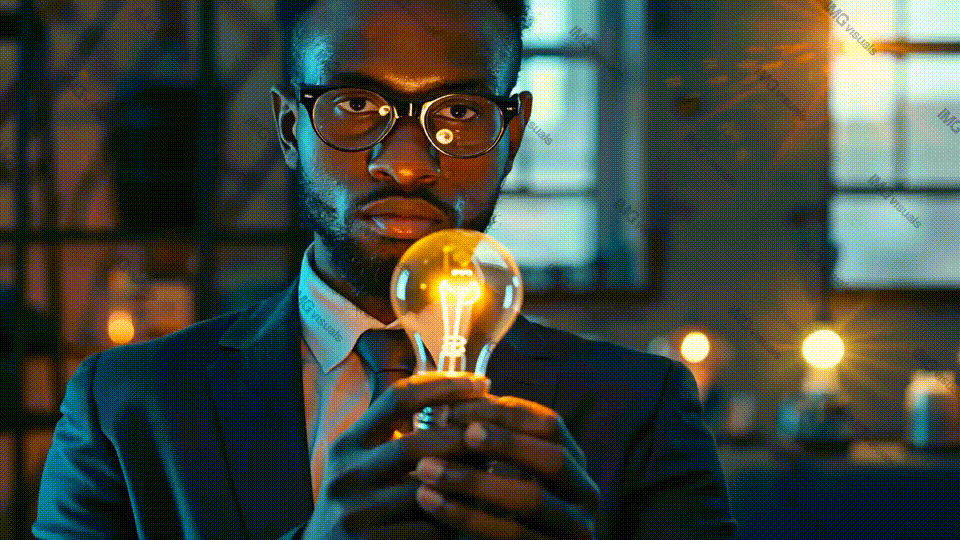 Confident black man in glasses and formal suit presents lightbulb video animation, ai generated