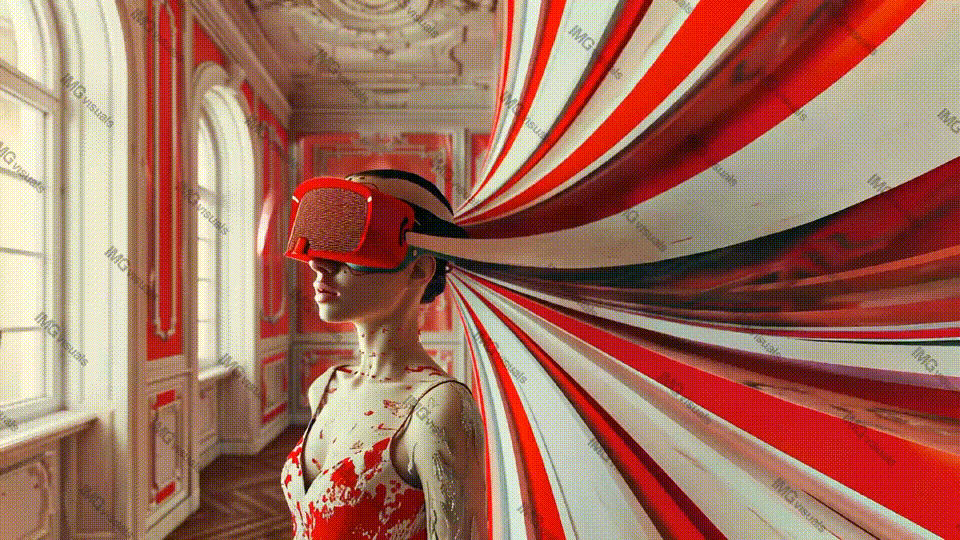Surreal fashion portrait of woman wearing virtual reality headset video animation, ai generated