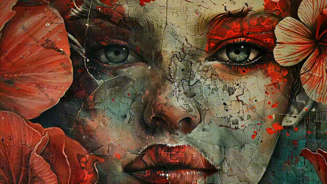 Tattered woman face artistically blended with red flowers video animation, ai generated