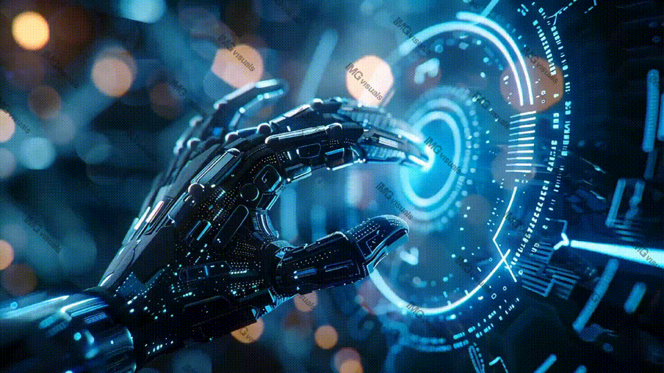 Robotic hand interacting with holographic interface video animation, ai generated