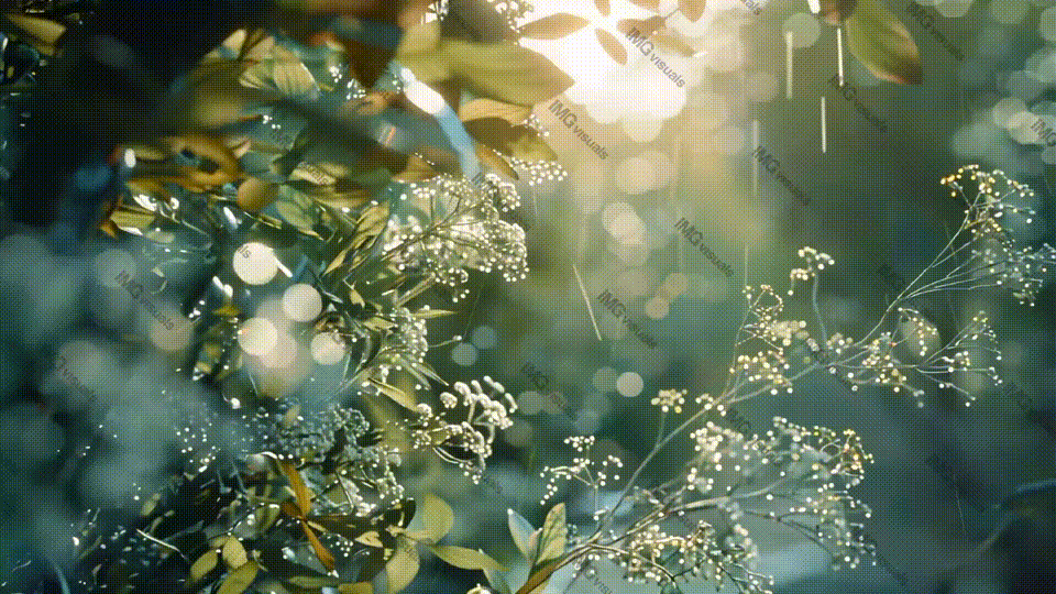 Sunlight bokeh rain drops falling behind lush greenery video animation, ai generated