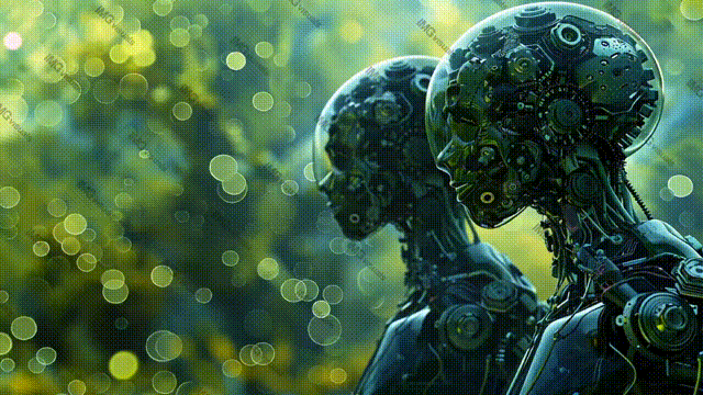 Two robotic heads against green bokeh lights video animation, ai generated