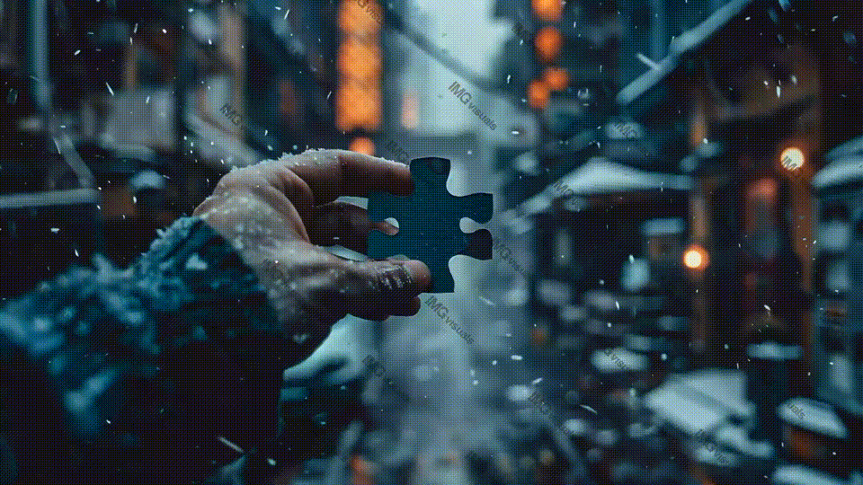 Hand holding puzzle piece against snowy urban video animation, ai generated