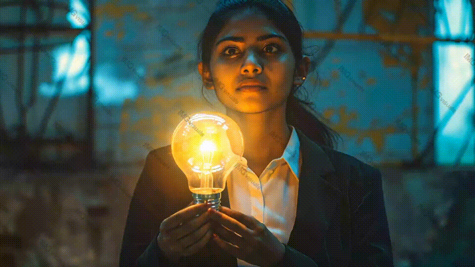 Indian woman in dark industrial setting holds light bulb video animation, ai generated