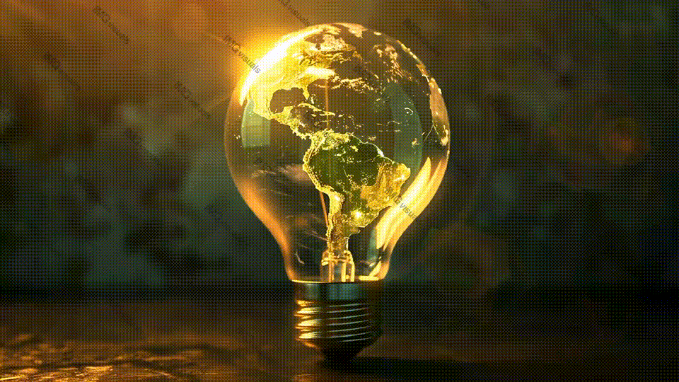 Glowing light bulb with vivid world map video animation, ai generated