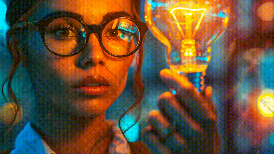 Young woman in glasses holding bright light bulb video animation, ai generated