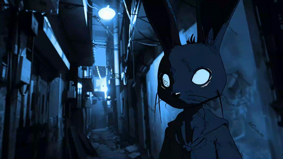Anthropomorphic rabbit in moody dimly lit alley video animation, ai generated