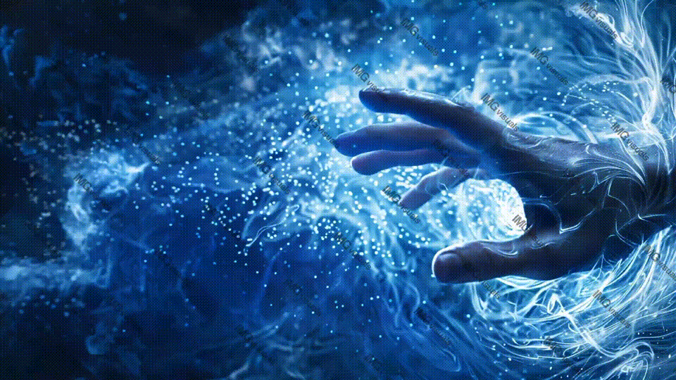 Hand reaching into swirling vortex of blue light particles video animation, ai generated