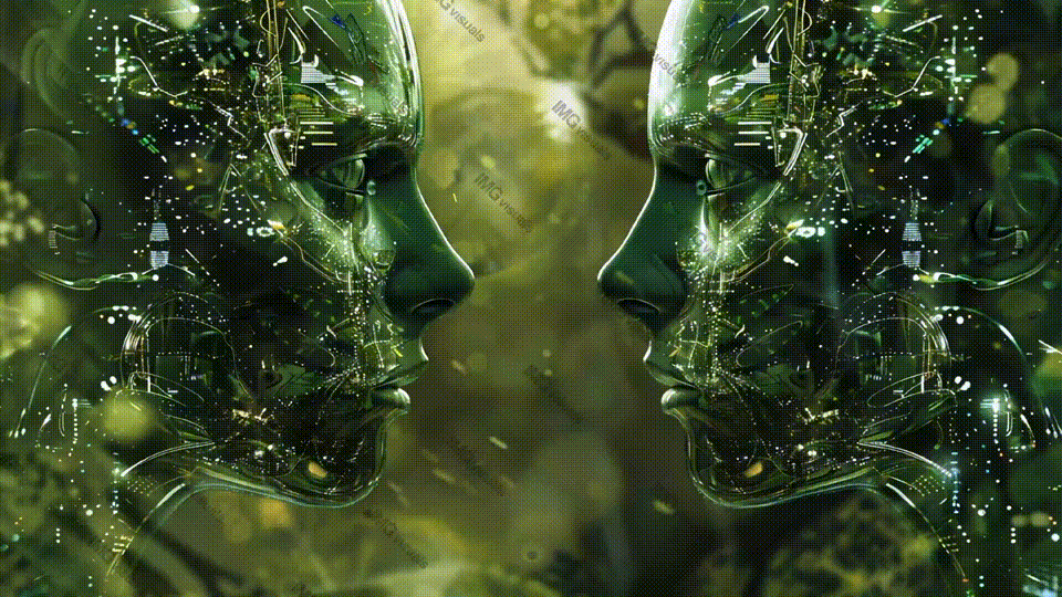 Two cybernetic faces in vivid green landscape video animation, ai generated