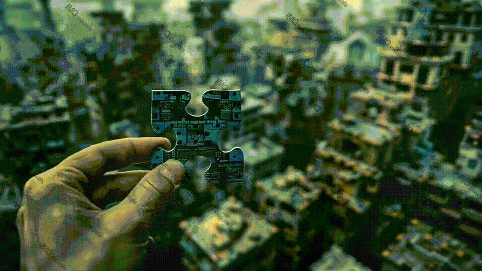 Hand holding jigsaw puzzle piece above surreal cityscape video animation, ai generated