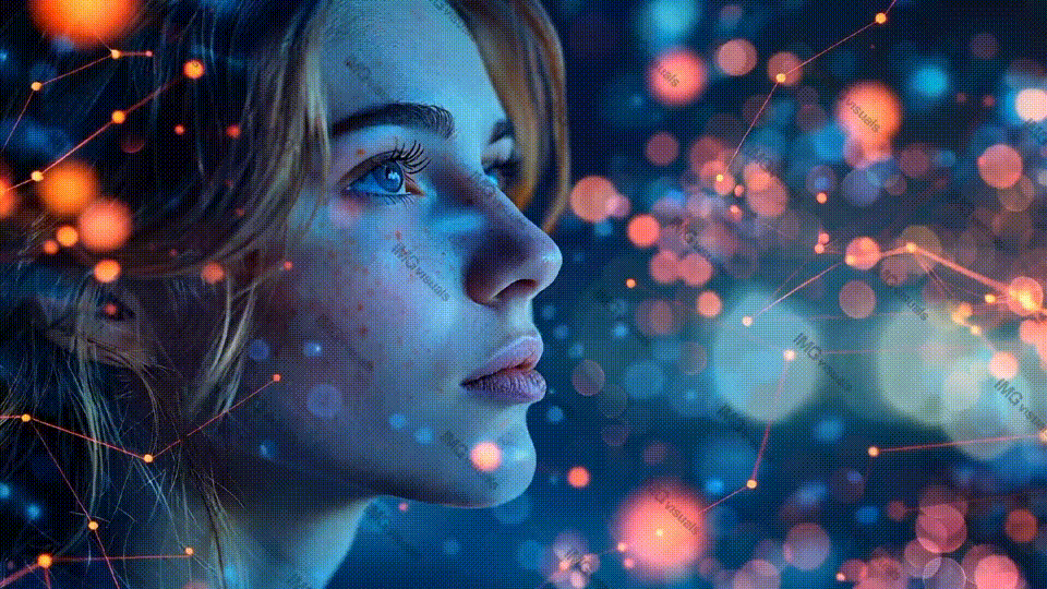 Smiling woman with freckles and bokeh light connected video animation, ai generated