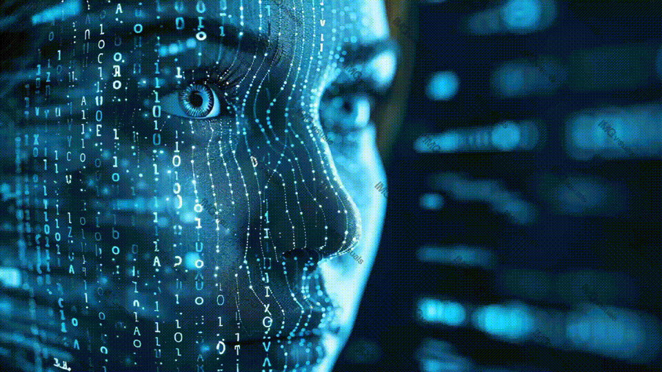 Woman face with glowing blue binary code video animation, ai generated