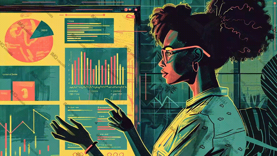 Black woman in glasses analyzing charts and graphs video animation, ai generated