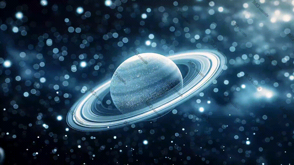 Mesmerizing icy ringed planet in starry blue bokeh video animation, ai generated