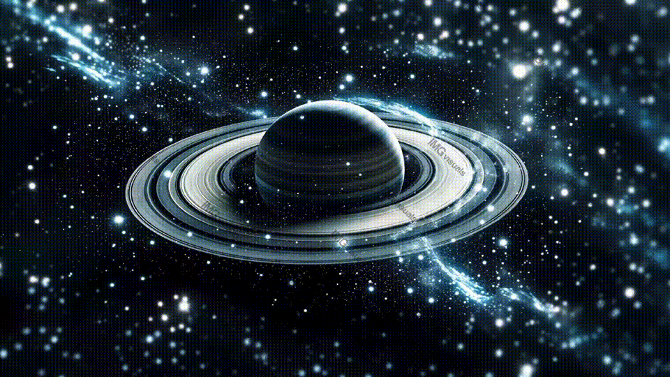 Saturn-like planet with glowing rings, stars and cosmic dust video animation, ai generated
