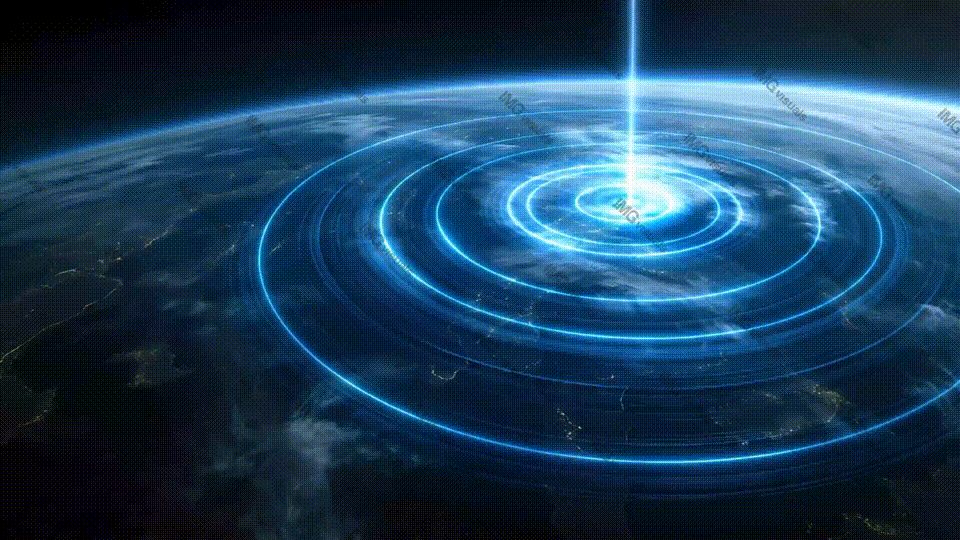 Earth emitting glowing concentric blue energy with radiant light beam video animation, ai generated