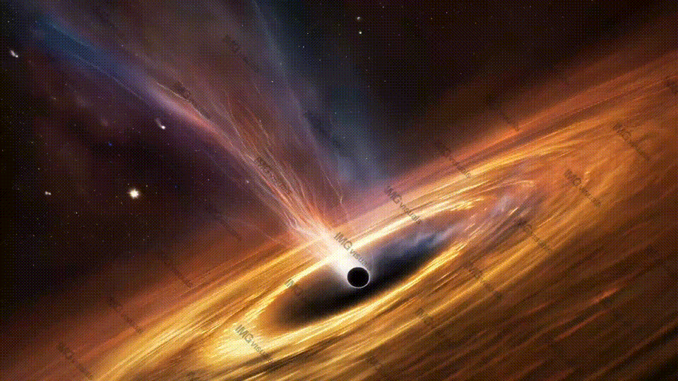 Powerful black hole absorbing nearby celestial body video animation, ai generated