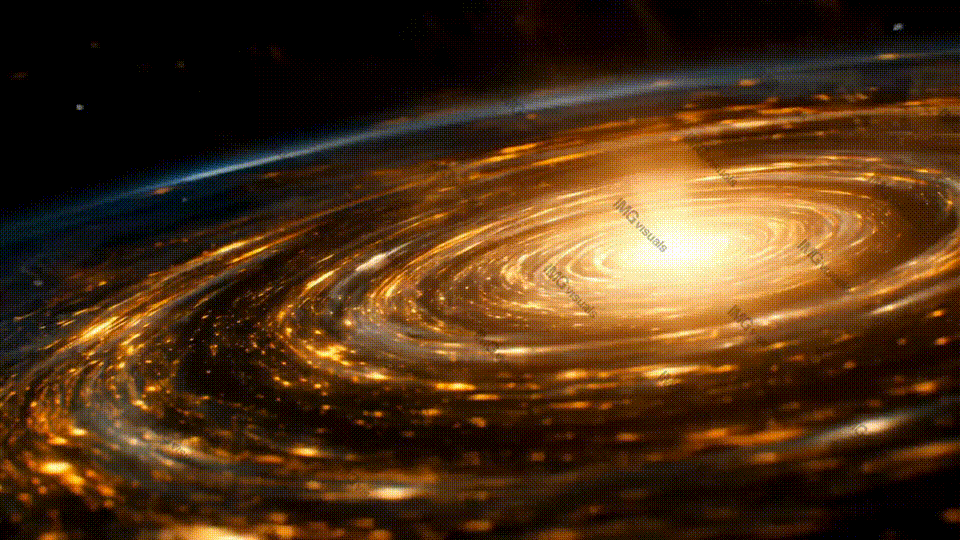 Radiant golden swirling galaxy with glowing central core video animation, ai generated
