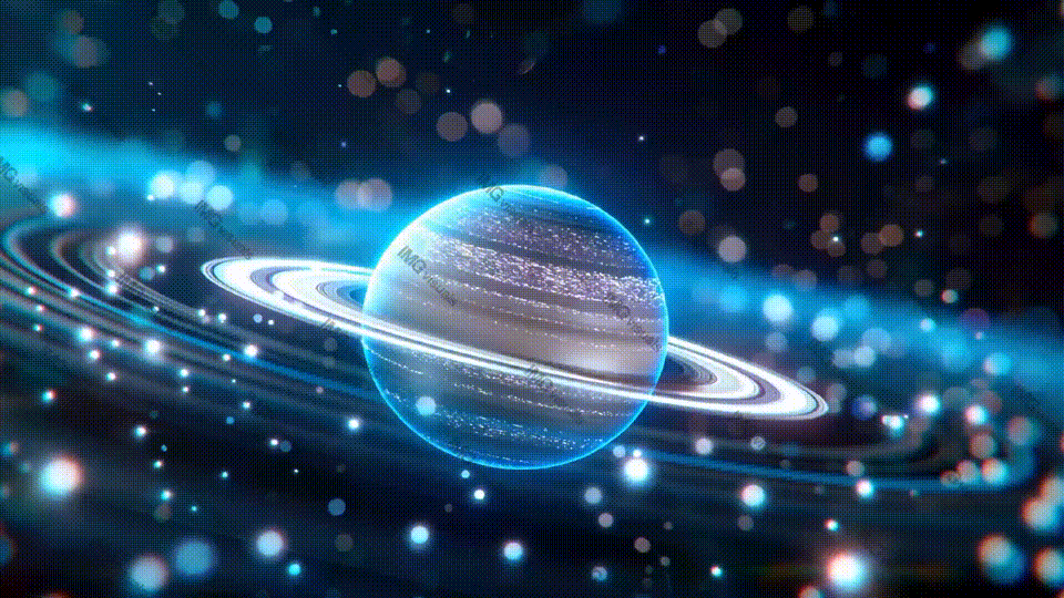 Glittering planet with rings sparkling bokeh dark video animation, ai generated