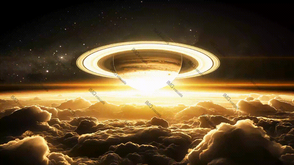 Saturn above glowing golden clouds video animation, ai generated