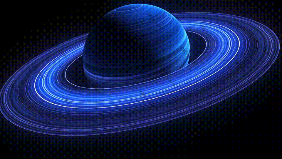 Futuristic digital planet with neon-blue rings video animation, ai generated