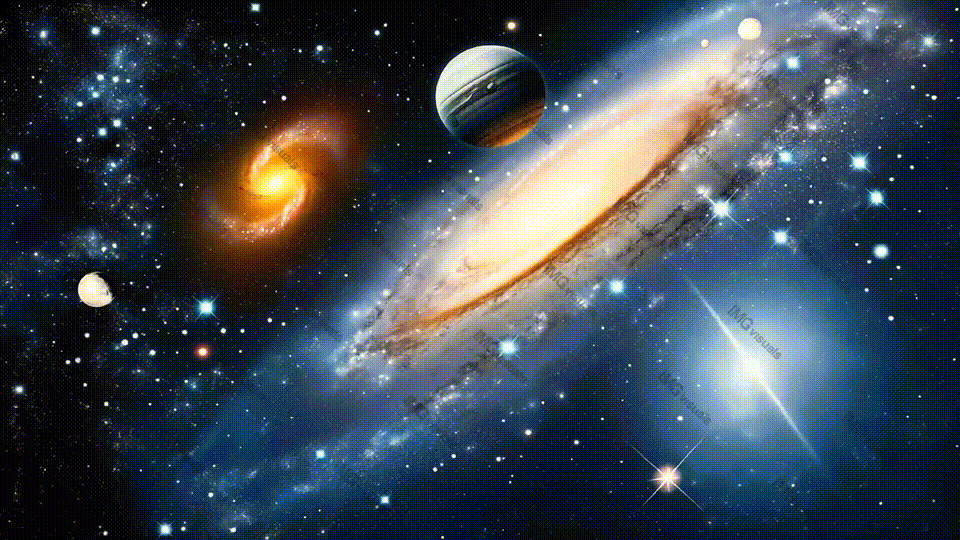 Spiral galaxy surrounded by glowing stars, planets, nebula video animation, ai generated
