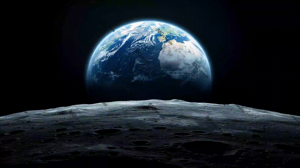 Earth rising above Moon cratered surface bathed in radiant light video animation, ai generated