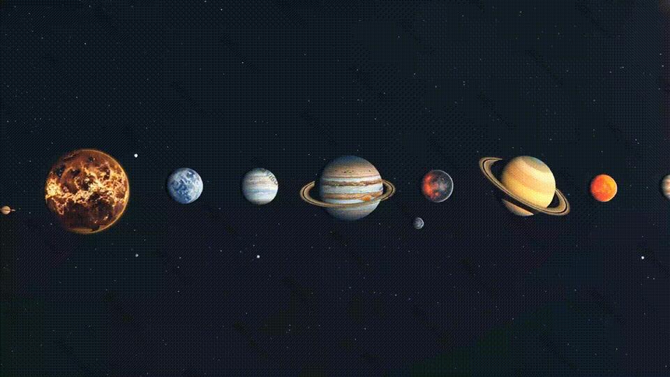 Solar system planets aligned against dark starry video animation, ai generated