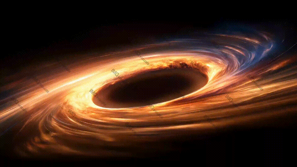 Dynamic black hole surrounded by fiery plasma and cosmic dust video animation, ai generated