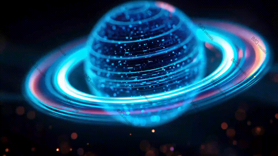 Luminous futuristic planet encircled by glowing neon rings video animation, ai generated