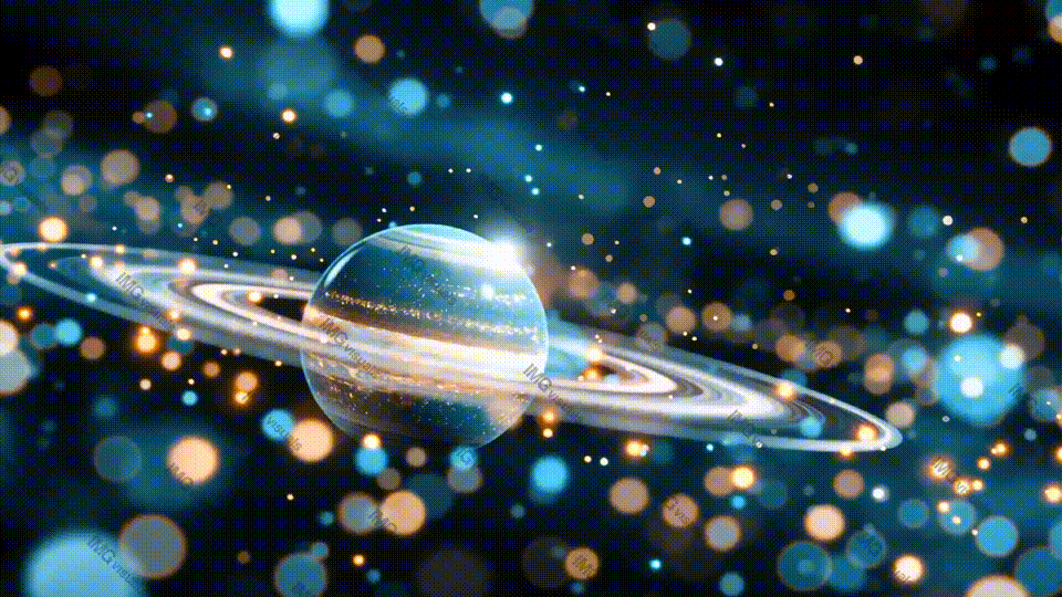 Celestial ringed planet illuminated by bokeh light effects video animation, ai generated