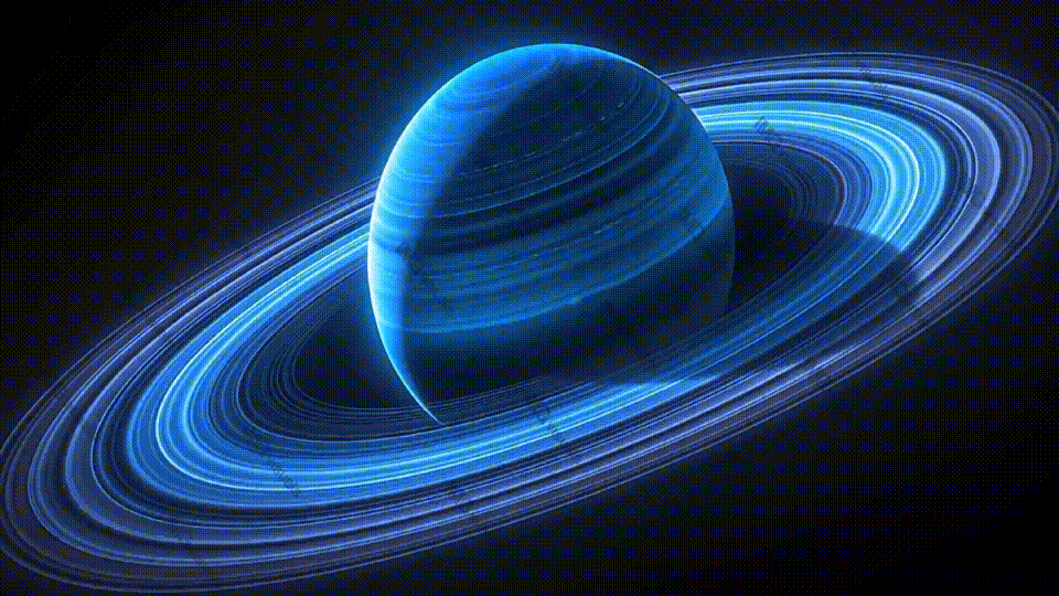 Deep blue planet with dynamic rings against dark cosmic video animation, ai generated