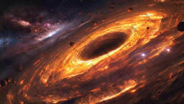 Fiery black hole surrounded by glowing orange swirls and asteroids video animation, ai generated
