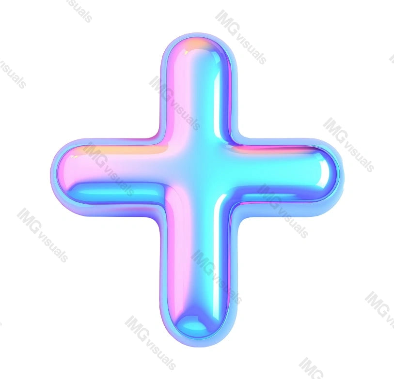 Neon iridescent plus symbol with futuristic effect transparent image, ai generated. Healthcare. First aid emergency sign isolated cutout 3d render. Medical logo cut out clipart design element png