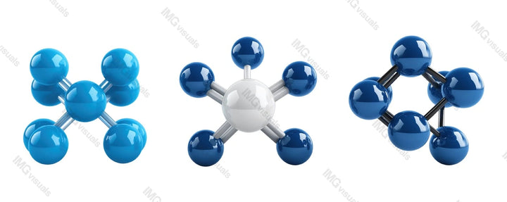 Molecular bonding models transparent image set, ai generated. Physics, chemistry, nanotechnology isolated cutouts 3d render. Particle connection cut outs cliparts design elements png collection